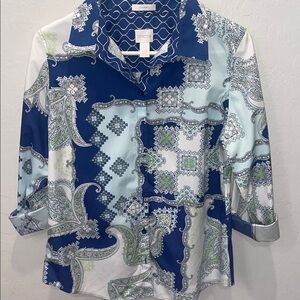 Chico's Navy and Mint Paisley Button Down Shirt Size 0 (US 4-6)